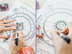 two pictures of hands on top of a paper with the words birth chart written in it