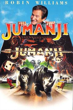 the movie jumanji is shown in front of an image of two cows and a man