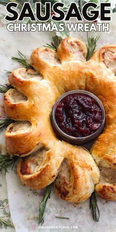 sausage christmas wreath with cranberry sauce