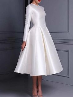 Ball Gown Cocktail Dresses Cute Dress Wedding Tea Length Long Sleeve Jewel Neck Fall Wedding Guest Satin with Pleats Pure Color 2024 2024 - COL $531269 White Midi Length Dress For Banquet, White Midi Dress For Banquet, White Satin Midi Evening Dress, Elegant A-line Dress For Wedding Night, Elegant A-line Wedding Night Dress, Long Sleeve Stretch Wedding Gown, Elegant Full Length Cream Dress, Elegant Tea Length Wedding Gown, Long Sleeve Stretch Gown For Wedding