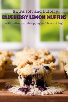 blueberry lemon muffins with butter crumb topping and lemon icing