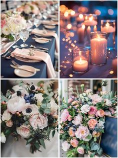 wedding table settings with candles and flowers