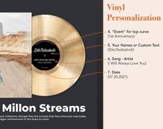 a gold vinyl record with the words million streams on it and an image of a man in