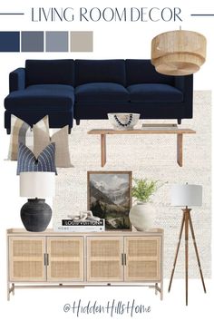 a living room with blue furniture and accessories