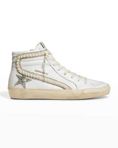 Golden Goose Slide Mid-Top Glitter Pearly-Stud Sneakers | Neiman Marcus Golden Goose Slide, Studded Sneakers, Sneaker Stores, Golden Goose Shoes, Golden Goose Deluxe Brand, Mid Top