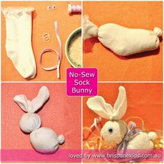 there are several pictures of stuffed animals and toys on the table with text overlay that says no - sew sock bunny