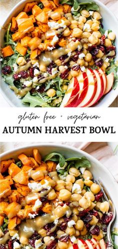 an image of autumn harvest salad with apples and cranberries in the background text reads gluten free vegetarian autumn harvest bowl