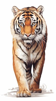 a tiger walking across a white background