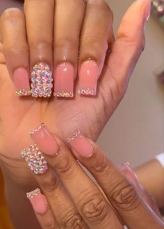 Short Nails Ideas Jewels, Nail Designs With Small Rhinestones, Short Nails Acrylic Diamonds, Nail Ideas With Rhinestones Square, French Tip Nails Real Nails, Boujie Nails Acrylic Short, Rhinestone Nail Designs Bling, Short Nail Designs With Bling, Cute Short Nails With Rhinestones