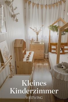 a bedroom with white walls and wooden furniture in front of the window is an image of a child's bed