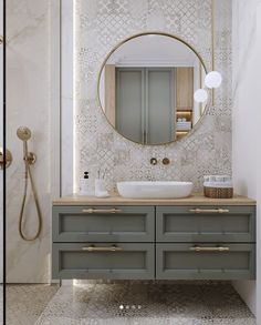 a bathroom with a sink, mirror and bathtub in the middle of the room