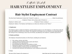 Elevate your salon's professionalism with our Comprehensive Hair Stylist Employment Contract Template. This editable and highly detailed agreement covers all the essential clauses to ensure a smooth and transparent working relationship between you and your stylists. ⭐Features: ✔Editable and Customizable: Easily fill in the blanks to tailor the contract to your specific needs. ✔Comprehensive Coverage: Includes 23 detailed clauses covering employment terms, duties, compensation, benefits, confiden Salon Contract Agreement, Employment Contract, Employment Application, Contract Agreement, Contract Template, Legal Advice, Social Media Business, Microsoft Word, Editable Template