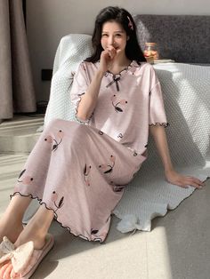 Dusty Pink Cute Collar Half Sleeve Knitted Fabric Cartoon Nightgowns,Sleepshirts Embellished Non-Stretch Spring/Summer Women Sleep & Lounge Dress Natal, Homewear Dress, Cute Nightgowns, Lounge Dresses, House Dresses, Lounge Dress, Dress Dusty, Loungewear Women, Home Dress