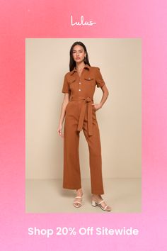 If you want to stay comfortable while looking cute, then the Lulus Practical Perfection Rust Brown Twill Short Sleeve Jumpsuit was made for you! Slightly stretchy woven twill shapes this trendy jumpsuit that has a collared neckline framed by short cuffed sleeves. Bodice has decorative, twin pocket flaps at the front with a functional button placket. Fitted waist features belt loops, a tying sash belt, and a hidden zip fly, all atop straight pant legs with diagonal side pockets and ankle-length hems. Decorative back welt pockets complete the look. Fit: This garment fits true to size. Length: Ankle length. Size medium measures 58.25" from shoulder to hem. Inseam: 29.25 Front Rise: 12.75 Bust: Great for any cup size. Waist: Loosely Fitted. Hip: Loosely Fitted. Undergarments: May be worn with Trendy Fitted Belted Jumpsuits And Rompers, Cotton Jumpsuits And Rompers For Summer Workwear, Cotton Summer Jumpsuits And Rompers For Workwear, Summer Cotton Jumpsuits And Rompers For Work, Summer Workwear Belted Jumpsuits And Rompers, Summer Workwear Jumpsuits And Rompers With Belt, Summer Workwear Jumpsuits And Rompers With Pockets, Casual Workwear Jumpsuit, Casual Solid Color Jumpsuits And Rompers For Work