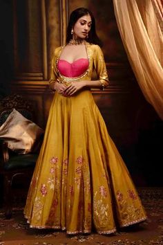 Shop for Moledro Yellow Silk Chanderi Anarkali And Dupatta Set for Women Online at Aza Fashions Mustard Anarkali, Block Print Anarkali, Chanderi Anarkali, Yellow Anarkali, Pink Anarkali, Organza Embroidery, Pink Silk Dress, Embroidery Print, Printed Dupatta