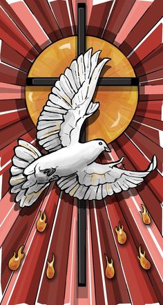 a white bird flying over a cross with sunbursts