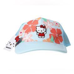 Nwt Hello Kitty Trucker Hat Playful Blue Summer Trucker Hat, Playful Blue Trucker Hat For Summer, Playful Visor Hat For Spring, Blue Trucker Hat For Spring Vacation, Blue Mini Cap For Summer, Blue Fun Trucker Hat For Spring, Casual Blue Mini Hats For Summer, Cute Adjustable Light Blue Hat, Blue Curved Brim Playful Hat