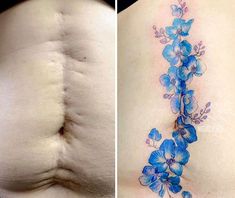 the before and after pictures of a woman's lower back tattoo with blue flowers on it