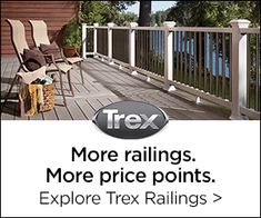 an advertisement for trex featuring rocking chairs on a deck