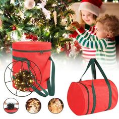 two children wearing santa hats and one carrying a red duffel bag with christmas decorations