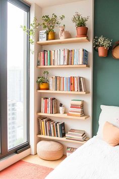 a bedroom with bookshelves and plants on the shelves next to a bed in front of a large window