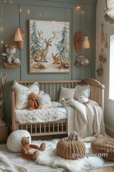 a baby's room decorated in neutral colors