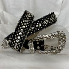 Gorgeous Black Leather And Mohair Fur With Swarovski Crystals And Silver Beaded Studs And Beaded Trim. Silver Toned Floral Filigree Buckle With Swarovski Crystals. 1 3/4 Inch Wide. 39” Long. Black Belt For Fall Party, Black Belt For Party In Fall, Designer Fitted Black Belt, Swarovski Belt, Beaded Studs, Gold Strappy Sandals, Western Bling, Bling Belts, Floral Filigree