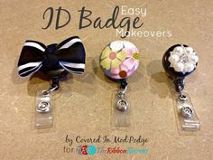 three retractable id badge holders with flowers and bows on them, each one has a name tag attached to it