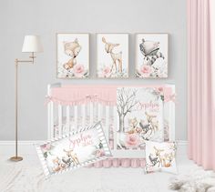 "Made just for your baby, you're going to LOVE this personalized baby girl woodland crib bedding set! Perfect for any baby girl woodland nursery bedding, personalize this baby girl crib bedding set with your baby's name on these personalized woodland animal crib bedding pieces for an adorable addition to your baby girl woodland nursery, woodland animal nursery, or pink floral nursery! ♥ CRIB BEDDING SET OPTIONS ~ 2 Piece Set: Baby girl crib sheet of your choice Personalized woodland animal blank Baby Girl Crib Sheets, Woodland Nursery Bedding, Pink Crib Bedding, Baby Girl Crib Bedding Sets, Woodland Crib Bedding, Floral Crib Bedding, Woodland Baby Blanket, Crib Sheets Girl