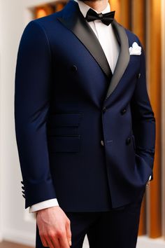 Embrace sleek navy formalwear and understated luxury with our Navy Double Breasted Tuxedo 2-Piece, a must-have for every sophisticated gentleman. The rich navy shade brings an air of timeless elegance, ensuring this tuxedo is suitable for a wide range of formal gatherings. #tuxedo #suits #mensstyle #menstyle #fashion #outfit #formalwear #menfashion #fashionformen #style #dapper #gentleman #doublebreasted Groom Double Breasted Suit, Navy Blue Double Breasted Suit Men Wedding, Navy Blue Suit Men, Tuxedo Ideas, Blue Tuxedo Wedding, Menswear Casual, Navy Suit Wedding, Navy Blue Tuxedos, Suit Styles