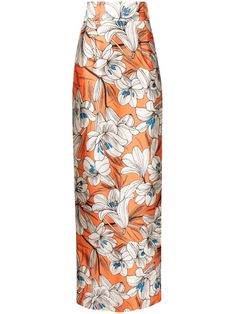 white/orange satin finish all-over floral print high-waisted maxi Luxury Printed Long Skirt, Luxury Fitted Floral Print Maxi Skirt, Orange Floral Print Skirt, Luxury Floral Print Relaxed Maxi Skirt, Maxi Pencil Skirt, Floral Pencil Skirt, Orange Satin, Non-stretch Multicolor Floral Print Skirt, Online Shopping Clothes