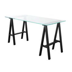 a glass table with black legs on a white background