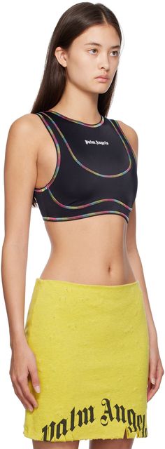 Stretch nylon-blend bonded jersey sports top. · Crewneck · Logo printed at chest · Fully lined · Contrast stitching in multicolor Supplier color: Black/White Leather Bodysuit, Black Rainbow, Gym Clothes, Palm Angels, Sports Top, Winx Club, Contrast Stitch, Birthday Outfit, Gym Outfit