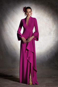 Side ruffled crepe dress V Neck Long Sleeve Evening Dress, Luxury Evening Dress For Formal Fall Events, Luxury V-neck Mother Of The Bride Dress For Gala, Luxury Silk Dress For Mother Of The Bride, Luxury V-neck Gown For Mother Of The Bride, Evening Dresses For Older Women Chic, Luxury Romantic Evening Dress For Fall, Luxury Women's 3/4 Sleeve Gown, Mother Of The Bride Dresses Bell Sleeve