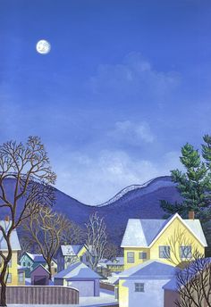 a painting of houses and trees with the moon in the sky