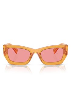 Bold rectangular frames with angular edges modernize the look of retro-inspired sunglasses finished with logo-accented temples. 53mm lens width; 22mm bridge width; 135mm temple length 100% UV protection Acetate Made in Italy Miu Miu Square Frame Sunglasses With Gradient Lenses, Rectangular Orange Sunglasses With Gradient Lenses, Orange Rectangular Sunglasses With Gradient Lenses, Modern Miu Miu Sunglasses With Uv Protection, Modern Rectangular Cat Eye Sunglasses With Uv Protection, Modern Rectangular Cat Eye Sunglasses With Uva Protection, Modern Rectangular Cat Eye Sunglasses With Mirrored Lenses, Modern Orange Rectangular Sunglasses, Trendy Miu Miu Sunglasses With Uv Protection