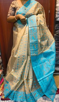 Presenting a beautiful Traditional Cotton by reshom Primium quality Handwoven Dhakai Jamdani Saree in a elegant color combination of Beige with Minakari skyblue color thread weaving traditional korat motifs.  Saree could be good option to choose for any occasion of this upcoming summer. The sarees normally comes with light starch but we can customised it as you like it to be soft ie,completely starch free or semi soft ie with starch like Bangladeshi dhakai jamdani sarees. Saree comes with separa Thread Weaving, Dhakai Jamdani Saree, Korat, As You Like It, Jamdani Saree, Elegant Color, Saree With Blouse, Blouse Piece, Color Combination