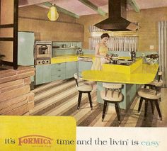 a woman is standing in the middle of a kitchen with yellow chairs and an island