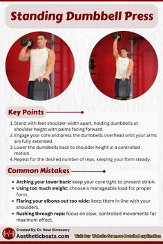 a poster with instructions on how to use dumbbells for strength and bodybuilding