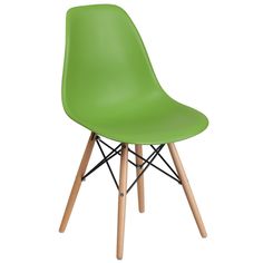 a green plastic chair with wooden legs