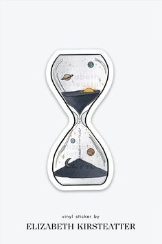 an hourglass sticker with planets and stars in the sand, on a white background