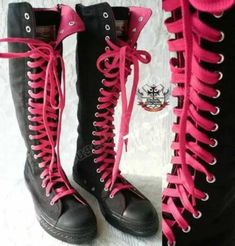 Emo 20 Hole Rtbu Knee Hi Sneaker Canvas Boot Noir+hot Pink 2005 Emo, Scene Style, Scene Outfits, Punk Emo, Scene Girls, Scene Fashion, Canvas Boots, Scene Kids, Emo Outfits