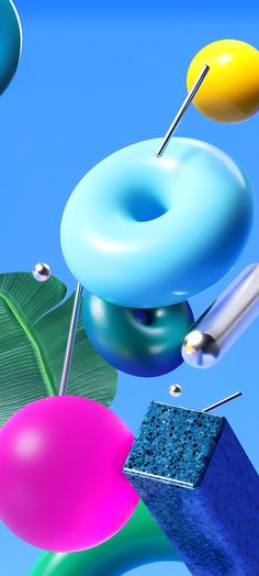 an image of some colorful objects floating in the air with blue sky behind them and green leaves