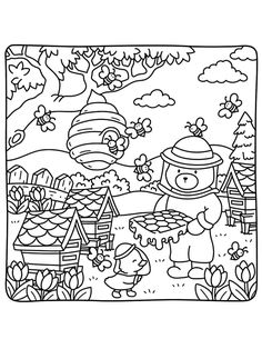 a black and white coloring page with an image of a cartoon character in the background