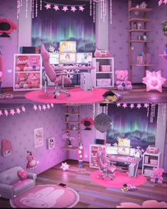 two pictures of the inside of a dollhouse with furniture and decorations on display in it