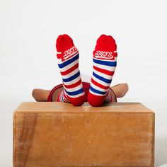 Step Feet First into Freedom with our Red, White and Blue Crew Socks featuring our classic stripes and embroidered DYTS logo underneath. Unisex Custom Woven Dress SocksOne-size-fits-allFitted cuffElasticized77% Cotton, 21% Nylon, 2% Spandex US Shoe Size Men 5.5-10 / US Shoe Size Women 6-11