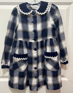 Back to school, Rare Edition Blue Plaid, front buttons, deep pockets, Rick rack, velvet trim dress size 6X Great vintage dress for back to school fall weather winter dress long sleeves with deep pockets. Casual Buttoned School Dress, Cotton School Dresses With Buttons, Casual School Dress With Buttons, Wool Flannel, Rick Rack, Velvet Trim, Winter Dress, Fall Weather, Little Dresses