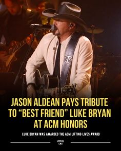 a man wearing a cowboy hat and holding a guitar in front of a microphone with the words, jason aldan pays tribute to best friend like bryan at acm