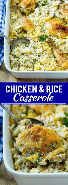 chicken and rice casserole in a white dish