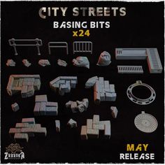 a bunch of different types of buildings and accessories on a black background with text that reads city streets basin bits x 24 may release